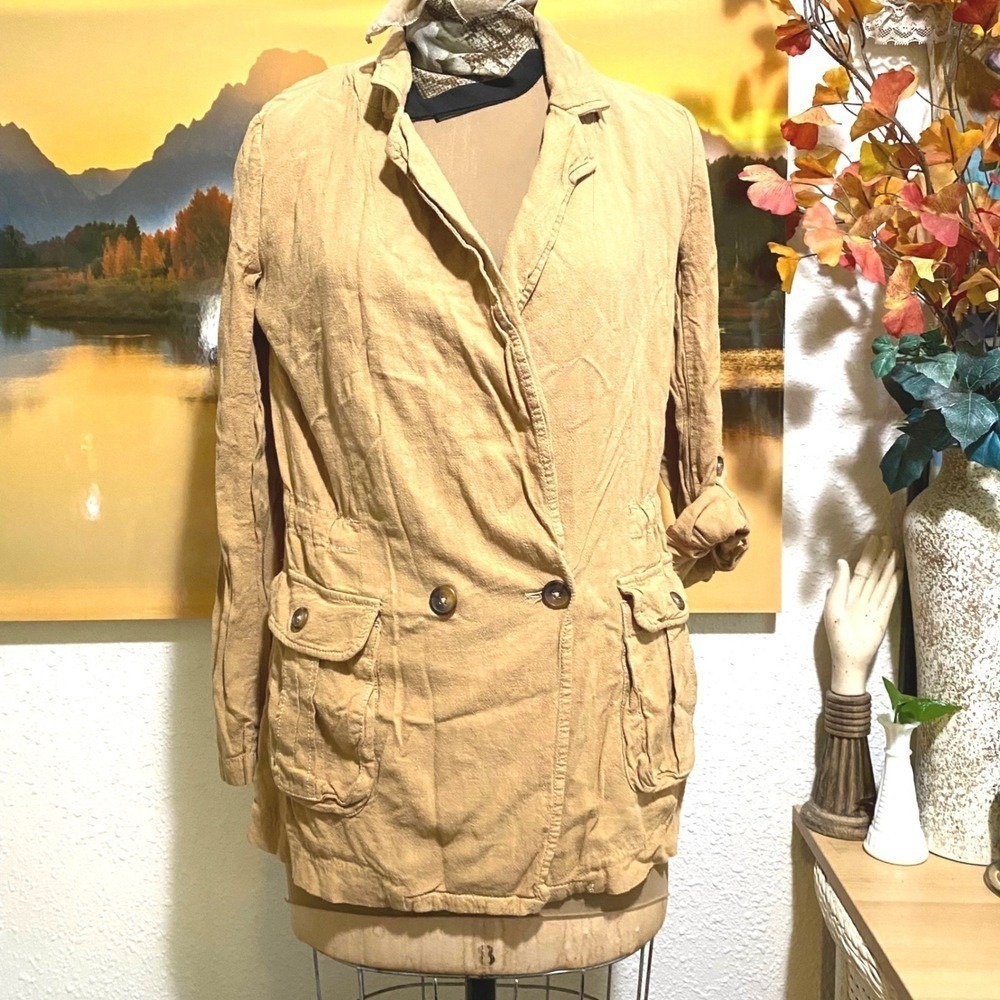 Free People Charly Tan double breasted Utility Jacket Boho Women XS Linen Blend